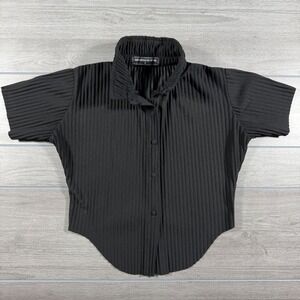 Maniere De Voir Black Pleated Short Sleeve Button Down Shirt Size 6 US